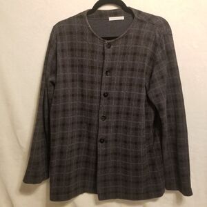 Joan Vass XL Cardigan Sweater Gray Blue Plaid Button Front Preppy Dark Academia